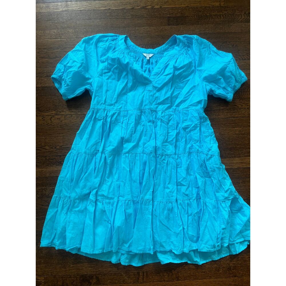 Crown & Ivy Pleated Ruffle Aqua 100% Cotton Short Sleeve Mini Dress Petite Small